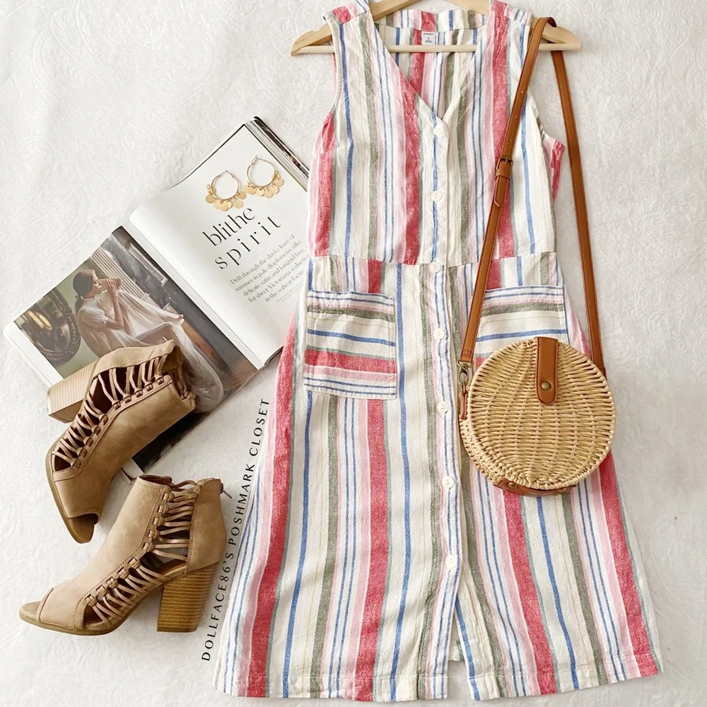 Linen Blend Vertical Stripe Dress with Pockets - Picture 2 of 8